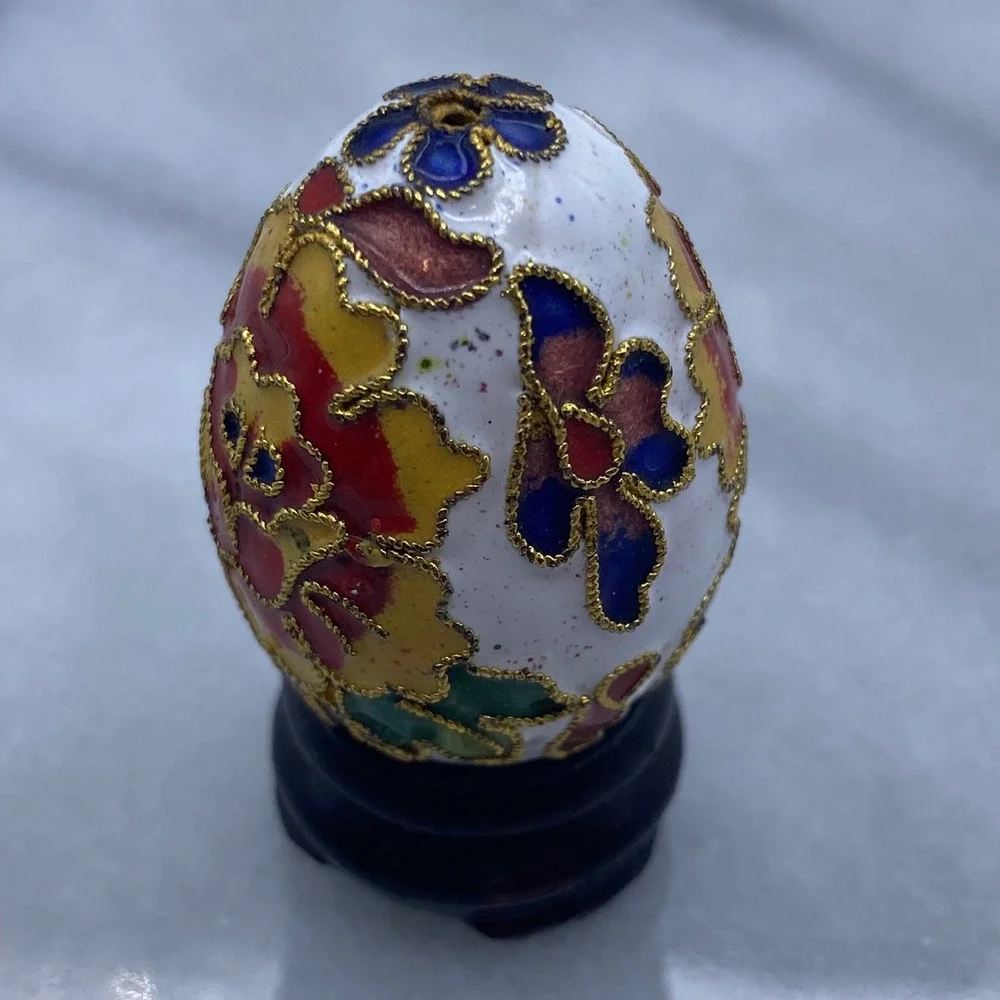 Cloisonne Enamel Floral Miniature Decorative Egg White Red Gold Stand Art Easter